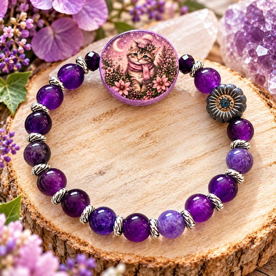 Purrs & Purple Poinsettia Wishes Bracelet | Amethyst Gemstone Jewelry | Whimsical Kitty Cat | Purple Floral Bracelet | Handmade Gift
