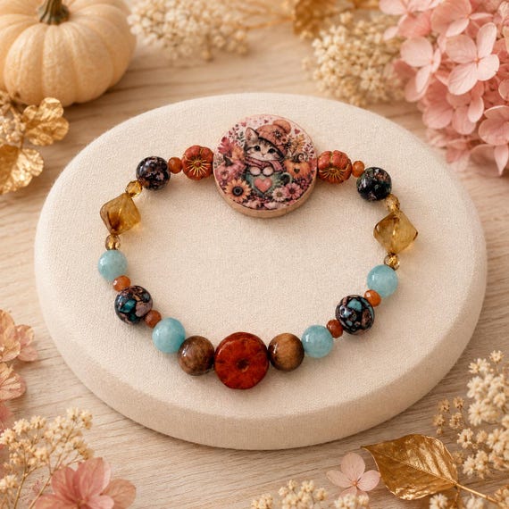 Kitten in the Golden Garden Bracelet | Autumn Cat Jewelry | Amazonite Jade & Jasper Bracelet | Orange Tigers Eye | Fall Cat Gift