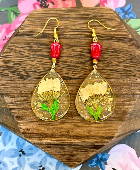 Pressed Flower Resin Earrings: Czech Glass Tulip, Gold Hematite, Hypoallergenic