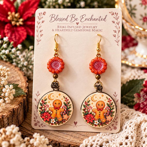 Gingerbread Christmas Earrings, Artisan Wood Earrings, Czech Glass Sunflower, Gold Hematite, Holiday Earrings, Christmas Jewelry