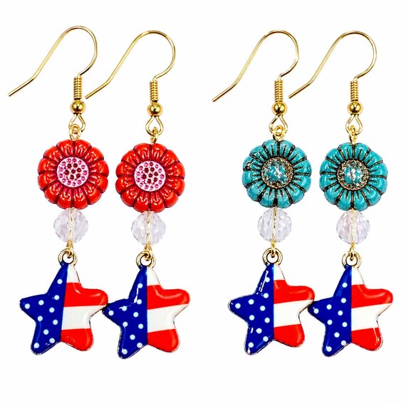 Liberty Bloom Star Earrings • Patriotic Red White Blue Dangle Earrings • Sunflower Czech Glass • Clear Quartz Gemstone • 4th of July Jewelry