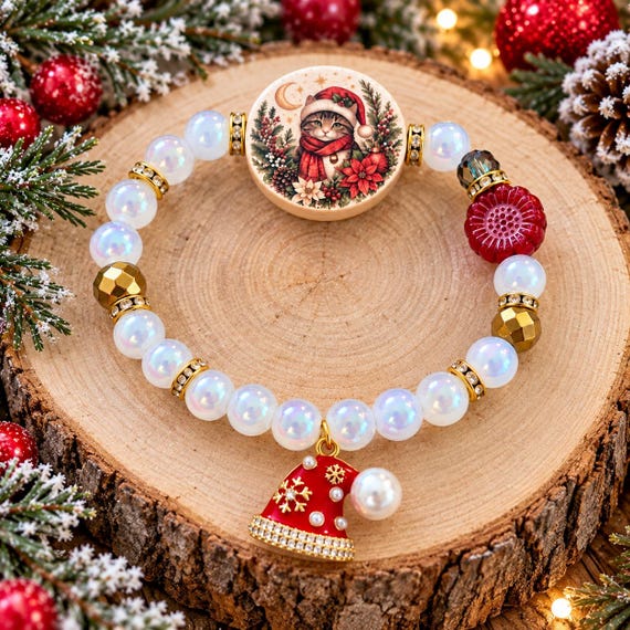 Santa Paws Christmas Cat Bracelet, Gold Hematite Gemstone Jewelry, Holiday Cat Lover Gift, Whimsical Christmas Stretch Bracelet