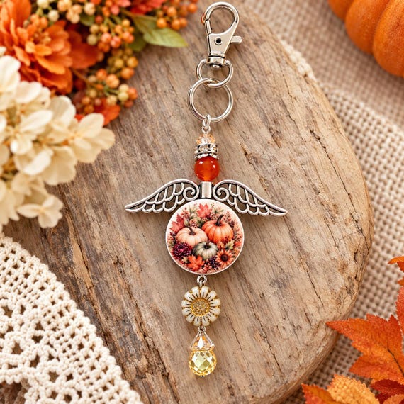 Harvest Angel Blessings Gemstone Purse Charm Keychain | Carnelian Crystal | Pumpkin Fall Jewelry | Angel Wings | Sunflower Gift