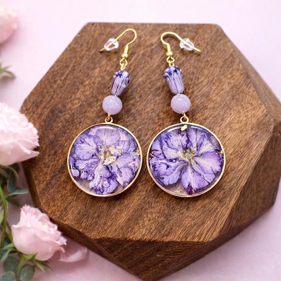 Pressed Lavender Flower Earrings • Lepidolite Gemstone • Gold Hypoallergenic Floral Jewelry