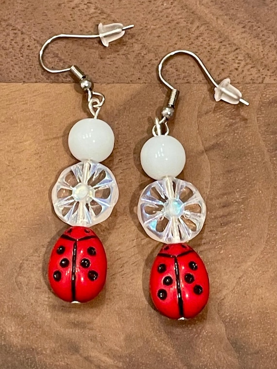 Gemstone Earrings - Jade Crystal Healing, Lucky Ladybug