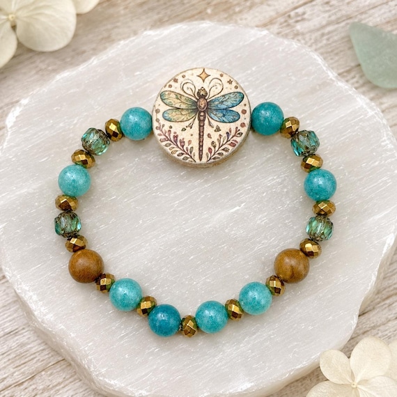 The Dragonfly’s Golden Garden Bracelet, Amazonite Jade, Wood Skin Jasper, Gold Hematite and Artisan Dragonfly Jewelry