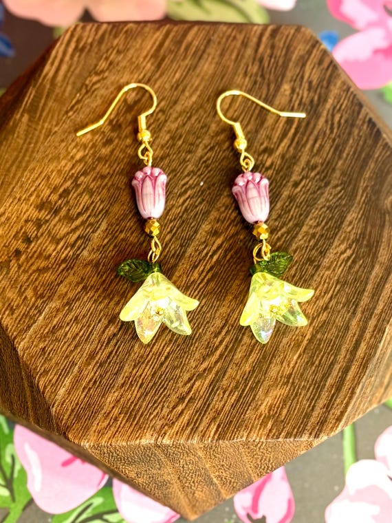 Fairy Bells Earrings – Czech Glass Tulips, Gold Hematite, Lily of the Valley Flowers – 2.25” Hypoallergenic Stainless Steel