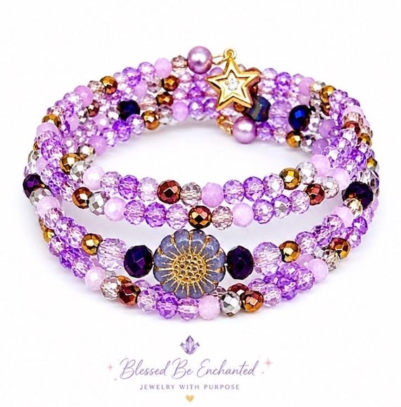 Celestial Lavender Starbloom Wrap Bracelet | Amethyst Tones, Hematite, Czech Glass Sunflower, Gold Star Charms