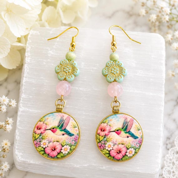Hummingbird Garden Blessings Earrings - Pink Jade Gemstone Earrings, Hummingbird Jewelry, Handmade Artisan Wood Earrings, Hypoallergenic