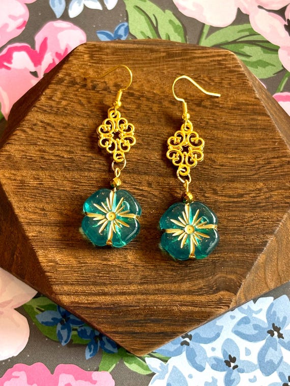 Gemstone Earrings - Hematite Crystal Healing, Golden Teal Bloom Drop