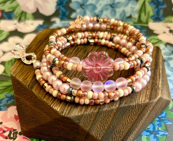 Pink Mystic Aura Quartz Wrap Bracelet: Czech Glass Daisy, Breast Cancer Ribbon