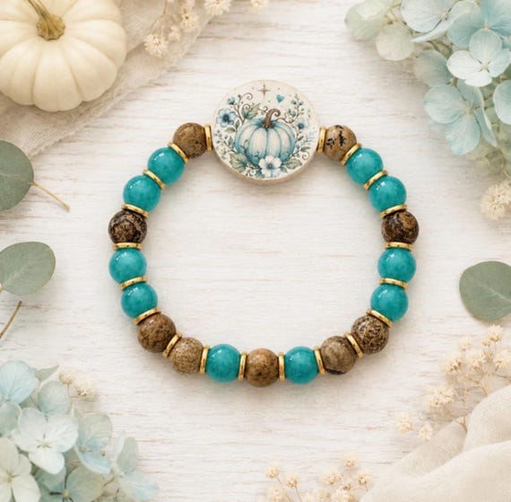 Turquoise Pumpkin Garden Bracelet, Amazonite Jade and Petrified Wood, Double-Sided Artisan Bead, Storybook Fall Jewelry