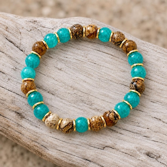 Jade and Petrified Wood Bracelet, Turquoise Gemstone Stretch Bracelet, Gold Accents, Fall Garden Companion Jewelry