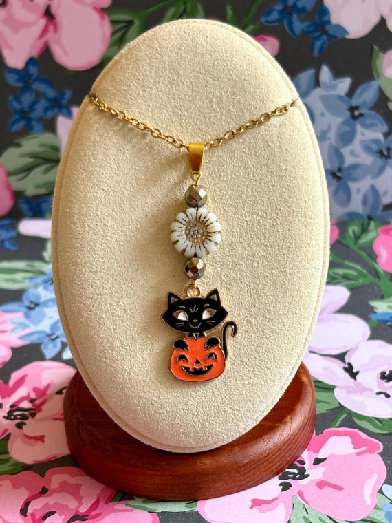 Black Cat in Pumpkin Necklace: Gold Hematite, Czech Glass Sunflower - Autumn Jewelry