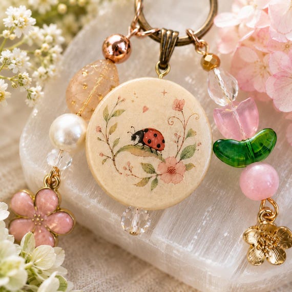 Ladybug’s Secret Garden Enchantment – Handmade Ladybug Gemstone Purse Charm, Artisan Floral Keychain, Cottagecore Bag Charm, Nature Lover