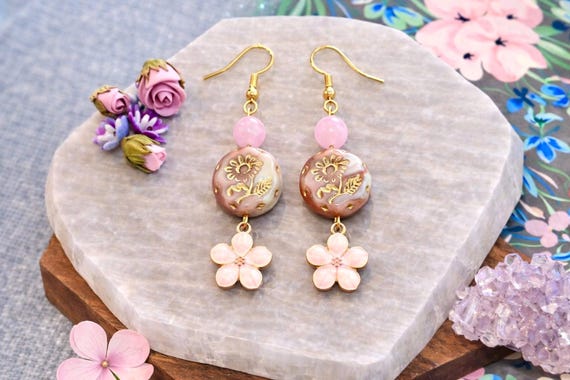 Jade Flower Dangle Earrings, Gold Hypoallergenic, Cottagecore Spring Jewelry, Sakura