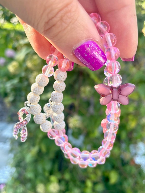 Essential Oil Diffuser / Gemstone Bracelet - Pink Moonstone / Lava Stone Crystal Healing Bracelets, Breast Cancer Awareness Jewelry