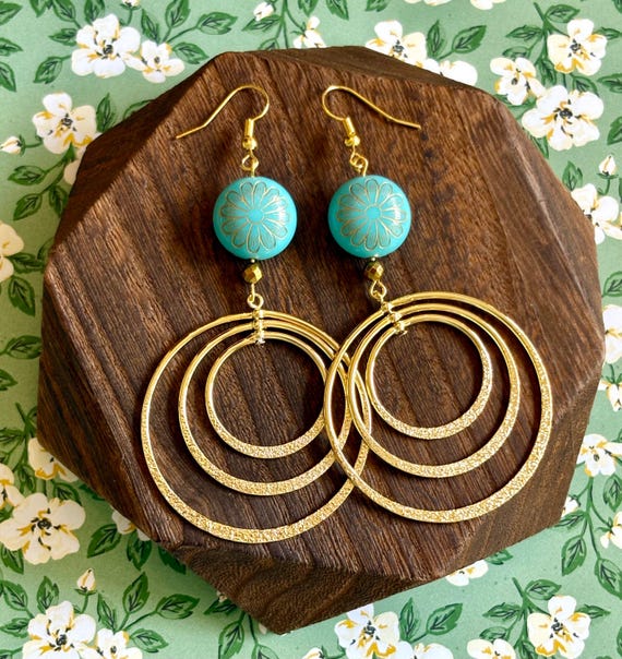 Gemstone Earrings - Hematite Crystal Healing, 14k Gold Plated Rotating Hoops, Golden Bloom Hoops