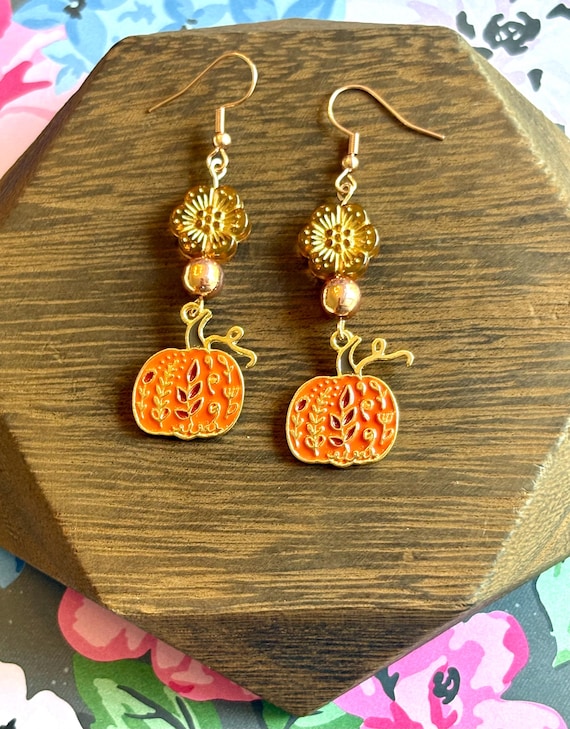 Autumn Blossom Pumpkin Earrings – Czech Glass Flowers & Rose Gold Hematite – Enamel Pumpkin Dangles – Hypoallergenic Fall Jewelry