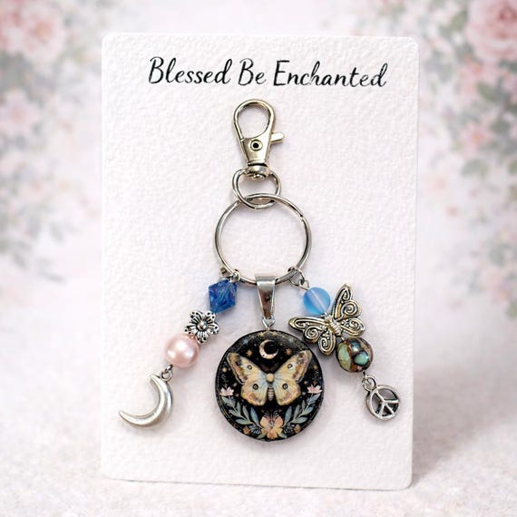 Luna Moth Keychain – Imperial Jasper, Aura Quartz, Peace Charm