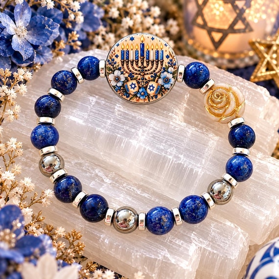 Hanukkah Lights & Blessings Bracelet, Lapis Lazuli Gemstone Jewelry, Menorah Star of David, Handmade Jewish Holiday Gift
