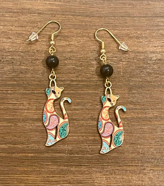 Gemstone Earrings - Black Obsidian Crystal Healing, Colorful Cats