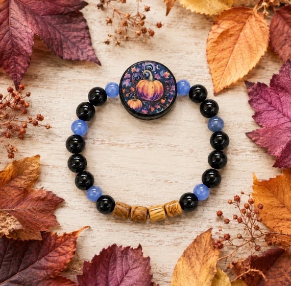 Thistlemoon Harvest Bracelet, Onyx Chalcedony Petrified Wood, Artisan Pumpkin Focal, Fall Halloween Gemstone Jewelry