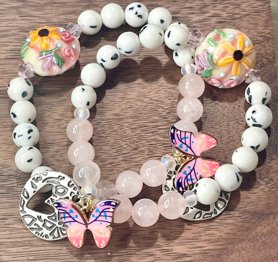 Gemstone Bracelet - Rose Quartz / White Jasper Crystal Healing, Butterfly Jewelry
