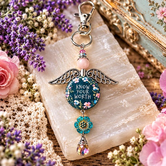Know Your Worth Angel Charm, Kunzite Gemstone Purse Charm, Inspirational Keychain, Artisan Wood Bead, Encouragement Gift