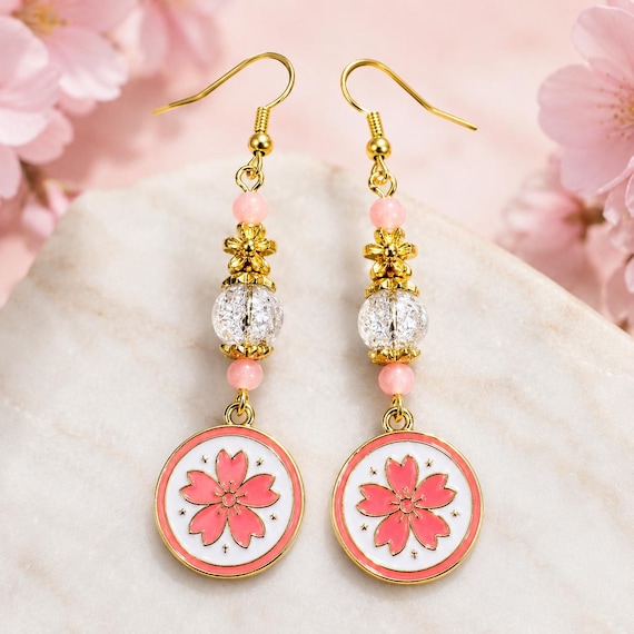 Flower Pop Earrings | Crackle Quartz Gemstone Earrings | Pink Enamel Flower Earrings | Gold Floral Jewelry | Hypoallergenic Stainless Steel