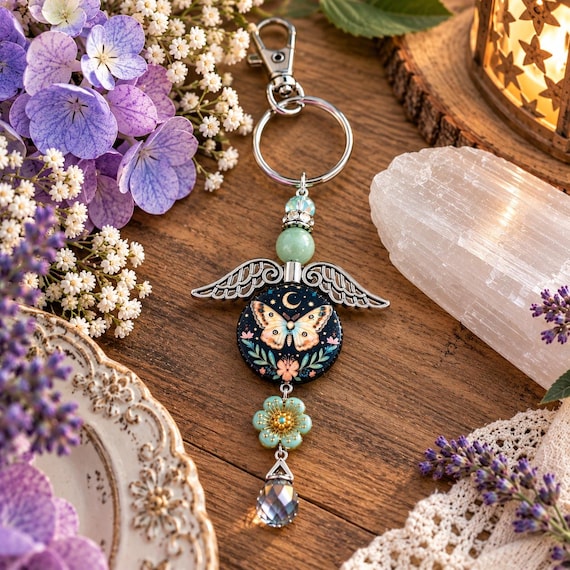 Moonlit Butterfly Purse Charm, Serpentine Gemstone Keychain, Celestial Angel Wings Bag Charm, Floral Crystal Gift, Reiki Infused
