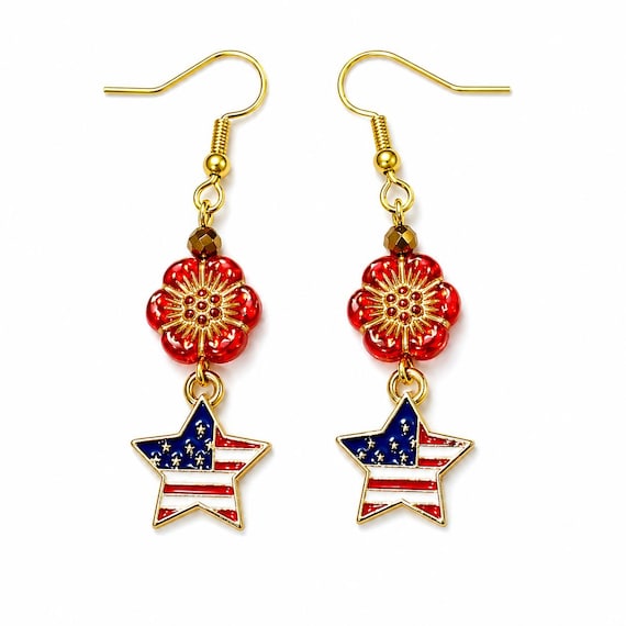 Red Czech Glass Flower Star Earrings | Gold Hematite, Hypoallergenic Steel