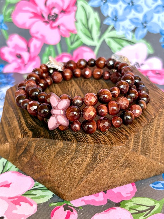 Red Tiger's Eye Gemstone Wrap Bracelet: Czech Glass Butterfly & Silver