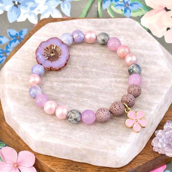 Blushing Petal Diffuser Bracelet • Labradorite, Jade, Lava Stone • Floral Charm Jewelry