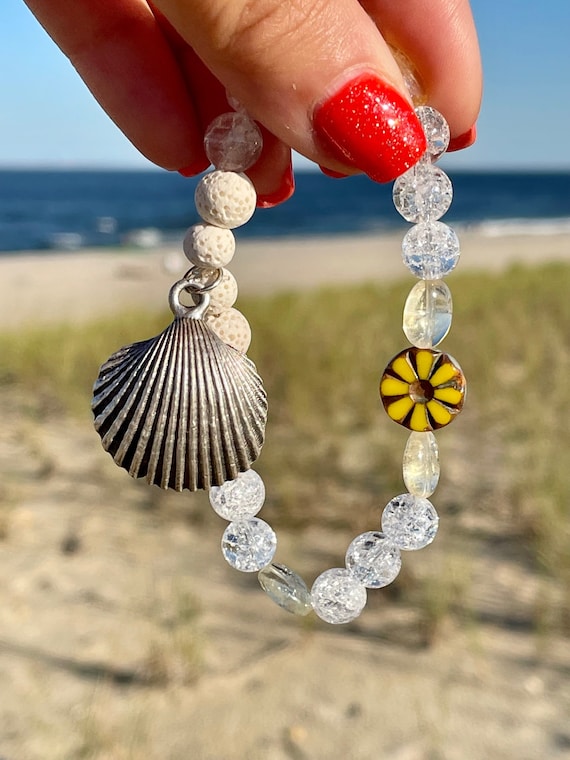 Gemstone Bracelet - Citrine / Crackle Quartz Crystal Healing Bracelets, Beach Jewelry, Seashell