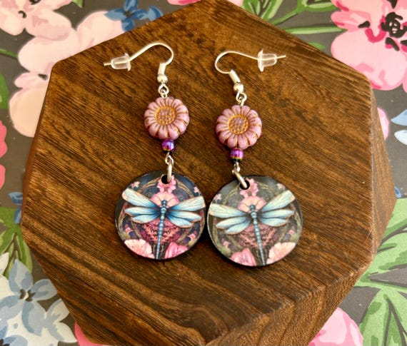 Dragonfly Earrings: Rainbow Hematite, Czech Glass Sunflower, Red Heart Wood