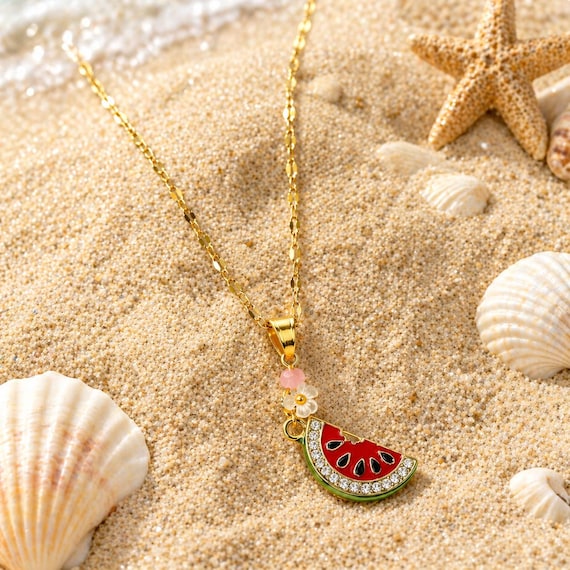 Watermelon Necklace, Summer Fruit Jewelry, Crystal Charm Necklace, Cute Kawaii Jewelry, Stainless Steel Necklace, Hypoallergenic Gift