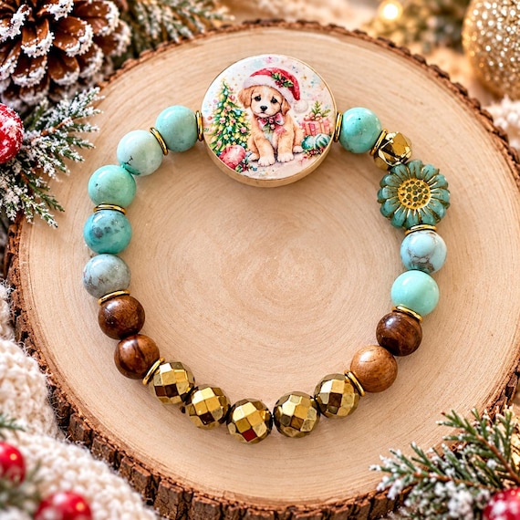 Christmas Puppy Wishes & Golden Kisses Bracelet | Terra Agate Gold Hematite Gemstone Jewelry | Handmade Christmas Dog Lover Gift