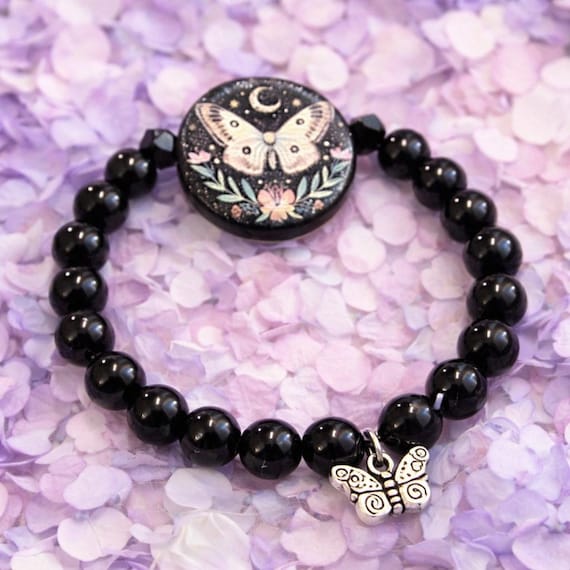 Moon Garden Transformation Bracelet, Black Tourmaline, Onyx, Moth Celestial Charm, Protection Crystal Jewelry