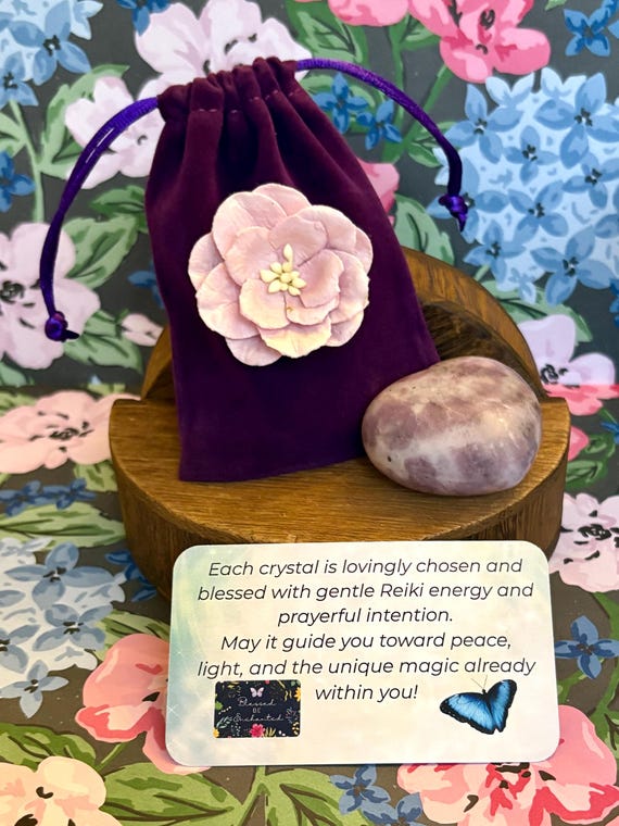 Lepidolite Heart Crystal Angel Bag • Reiki-Infused Healing Stone