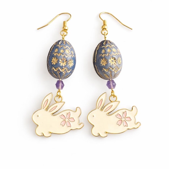 Amethyst Bunny Earrings – Czech Glass Ombré Easter Egg Dangle – Gold Surgical Steel