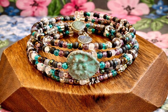 Wrapped in Love Coil Wrap Bracelet – Clear Quartz, Labradorite, Czech Glass Heart, Leaf Charms