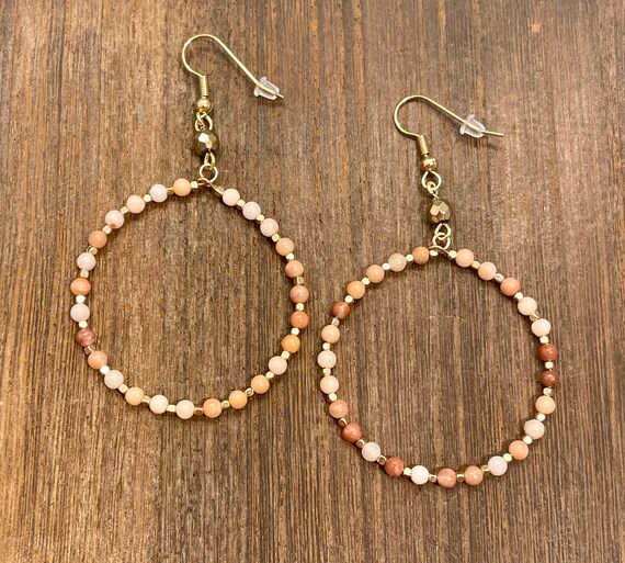 Gemstone Earrings - Hematite  Crystal Healing, Bohemian Peachy Stone Hoops