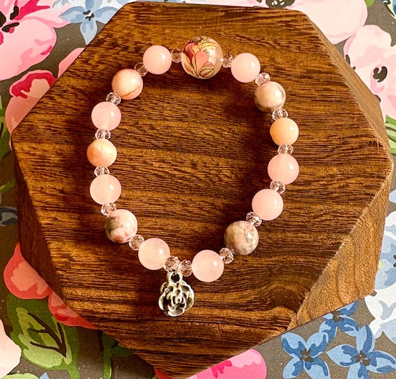 Breast Cancer Awareness Bracelet: Pink Jade, Opal, Crystal, Tensha Bead