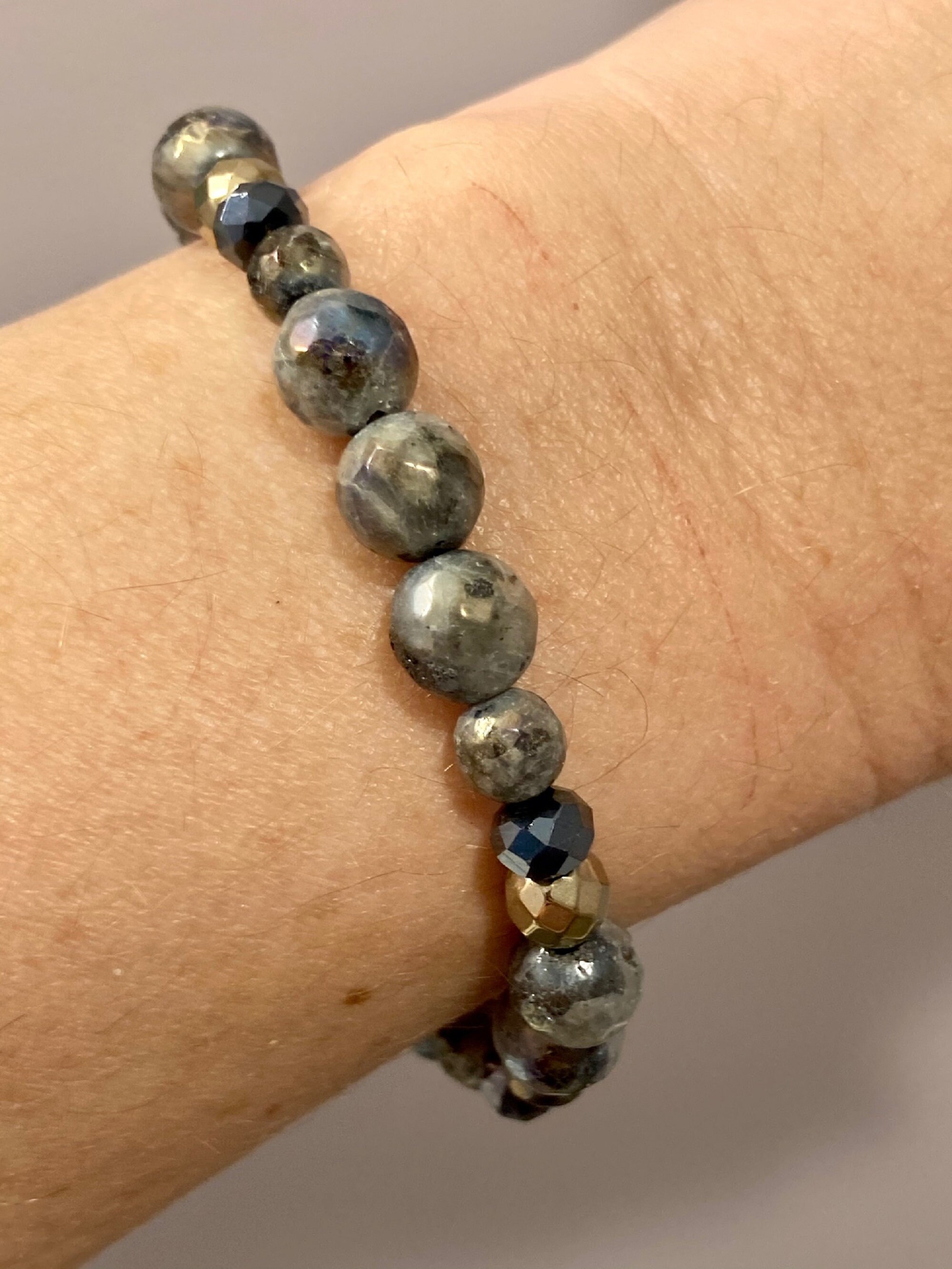 Gemstone Bracelet Crystal / Titanium Hematite Pyrite / Larvikite Marble Labradorite Protection