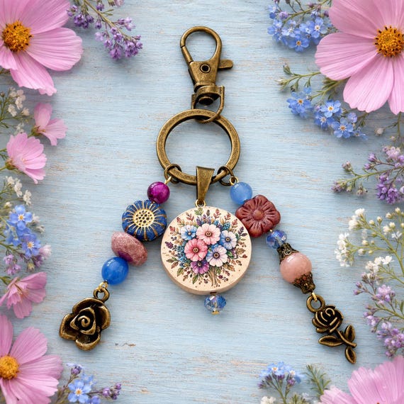 Blue Meadow Keepsake Purse Charm, Chalcedony Rhodonite Pink Opal Keychain, Floral Bag Charm, Artisan Wood Bead Gift