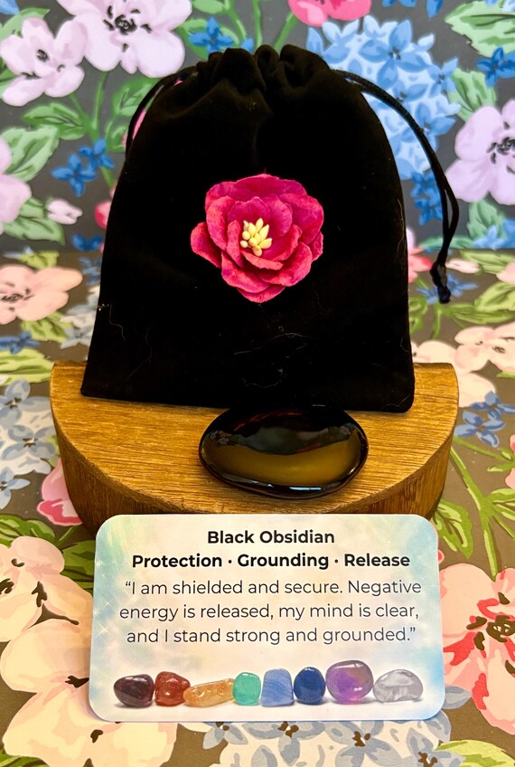 Black Obsidian Palm Stone • Angel Crystal Gift Set, Velvet Flower Bag