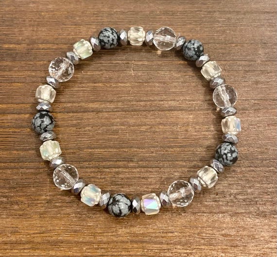 Gemstone Bracelet - Clear Quartz / Hematite / Snowflake Obsidian Crystal Healing, Magnificent