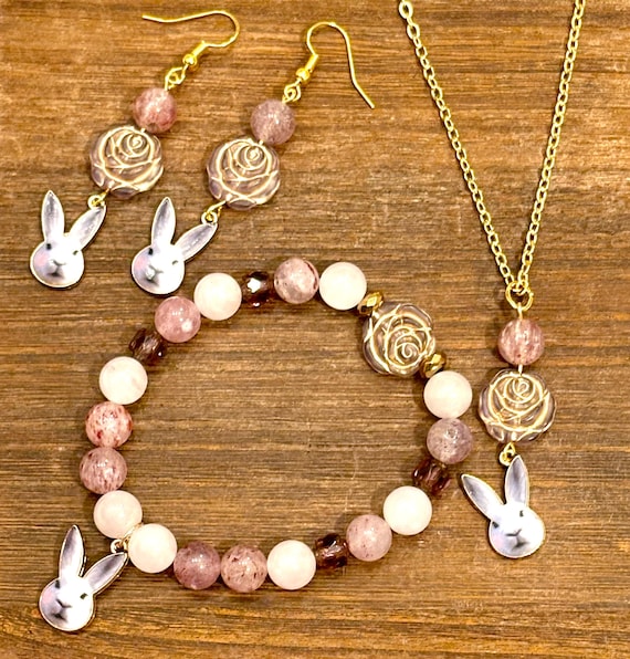 Gemstone Bracelet / Earrings/ Pendant Necklace - Hematite / Rose Quartz / Strawberry Quartz Crystal Healing, Bunny Love