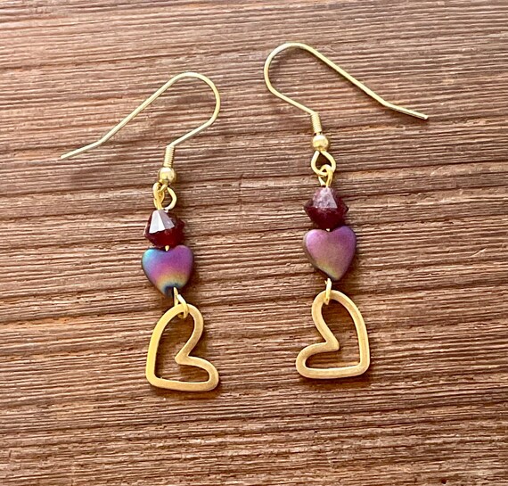 Gemstone Earrings - Amethyst / Garnet / Rainbow Hematite Crystal Healing, Rainbow / Gold Hearts